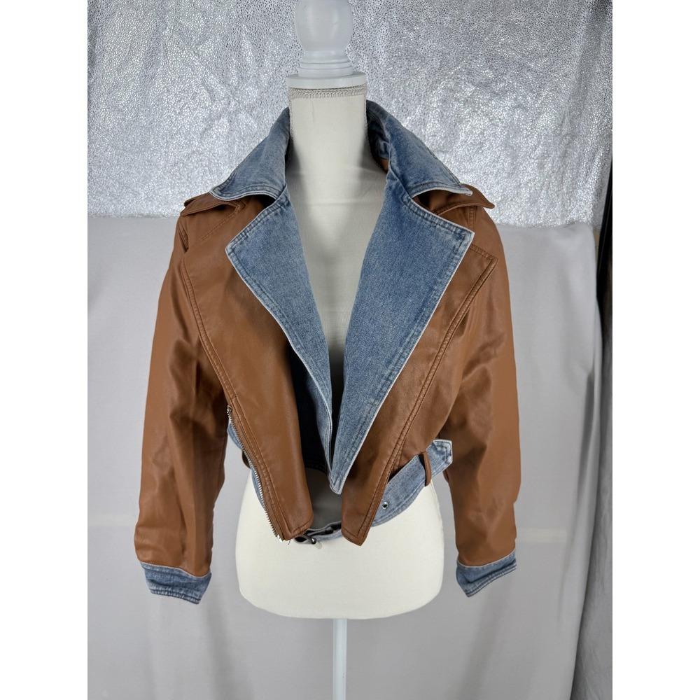 Azalea Wang Crop Biker Moto Jacket Size S Brown Blue Vegan Leather Denim Belted